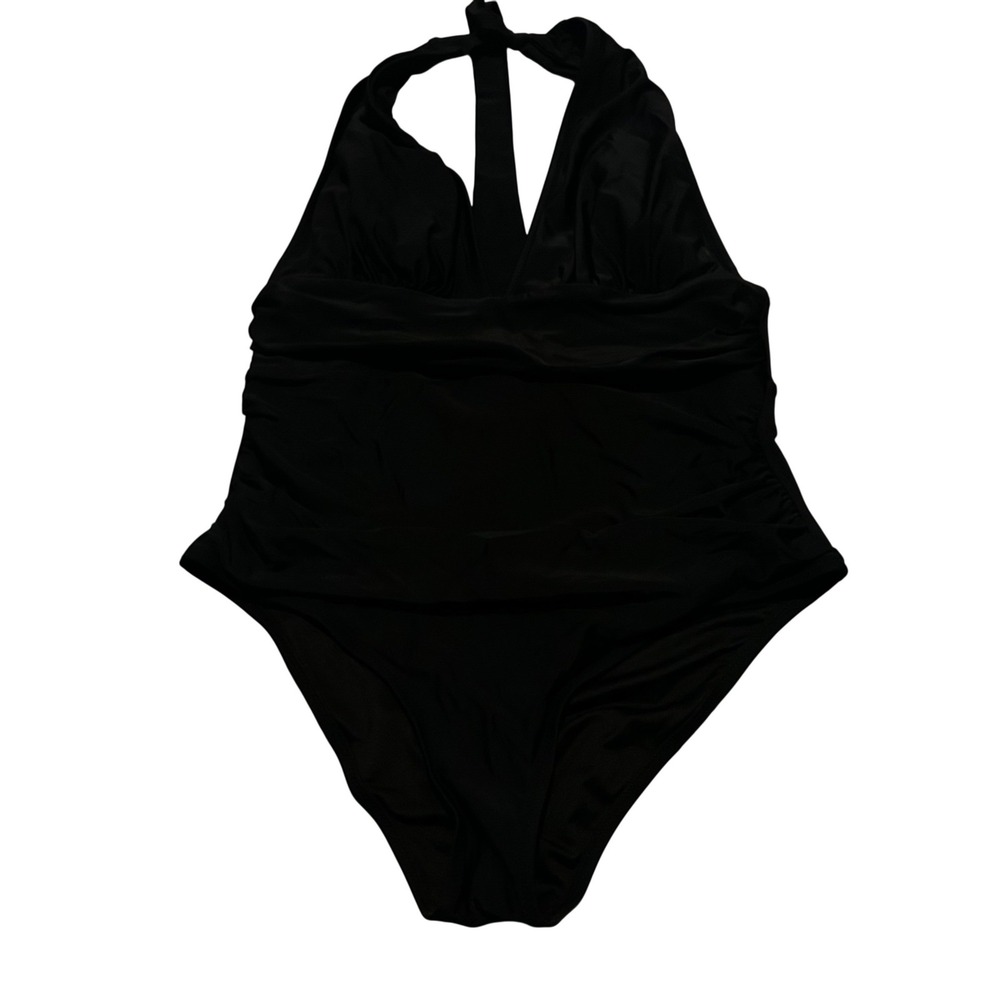 Cupshe Womens Black Ruched Halter One Piece Swimsuit Size M V-Neck Tummy Control